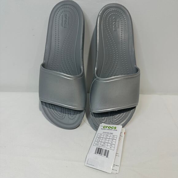NWT Crocs Kaydee Metallic Slide - Silver - Women's Size 10 - Picture 2 of 5